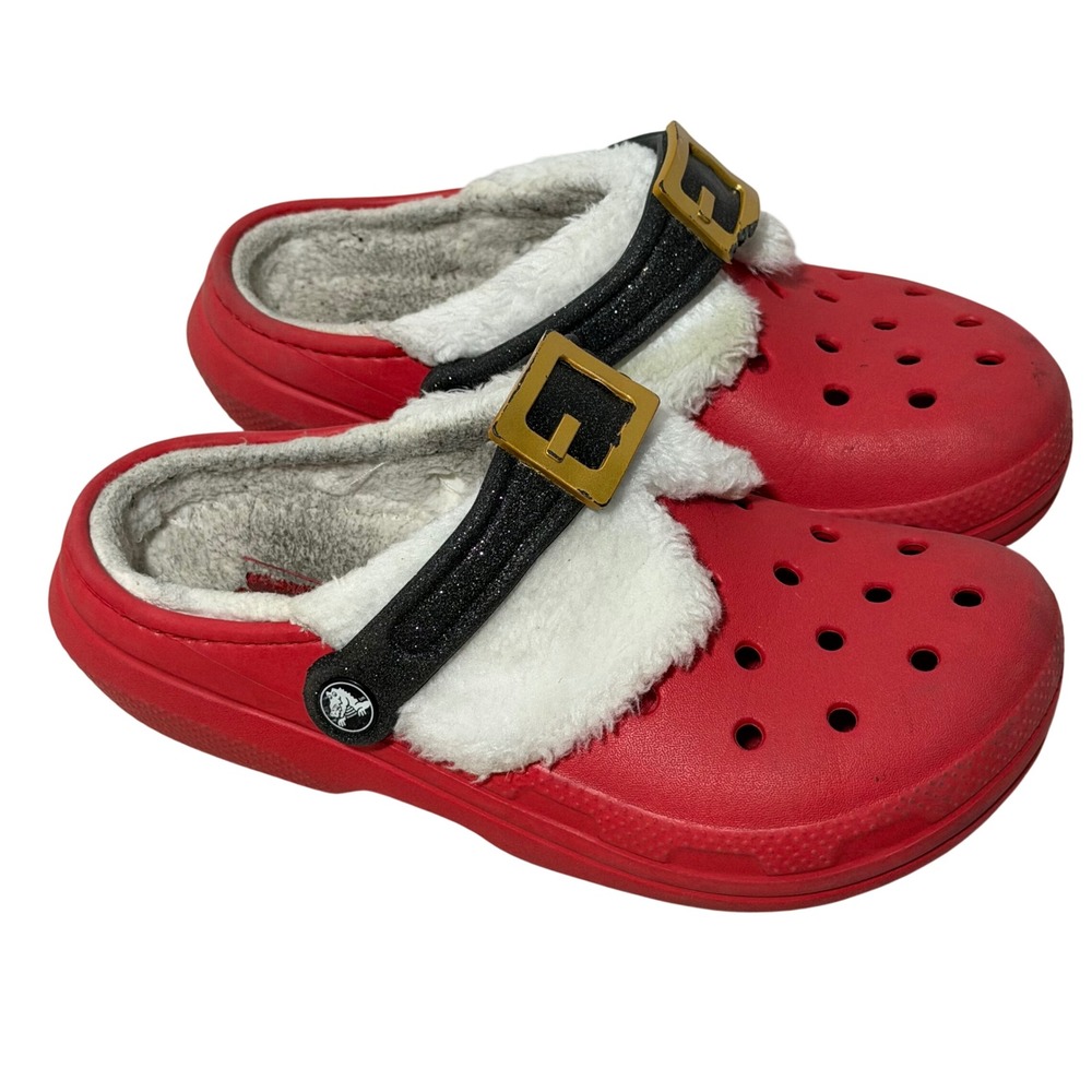 Crocs Santa Claus Fuzz Lined Clogs Red White Faux Fur Belt Buckle Women 6 Men 4